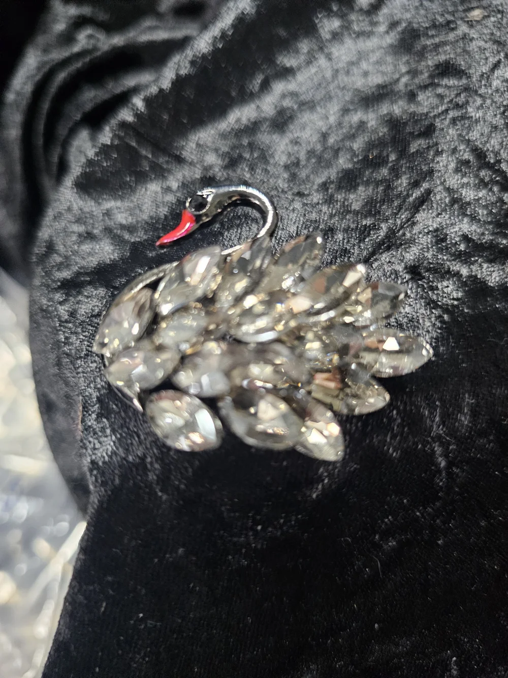 Crystal Swan Brooch Pin - Clear and Black Accent